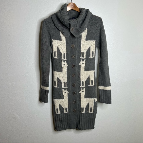 Llama Gray Button Down Long Merino Wool Alpaca Cardigan Sweater Size Small - Picture 1 of 12